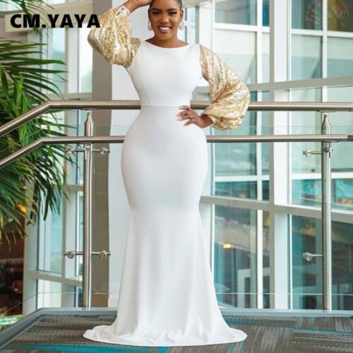 CM.YAYA Women Party Dress Sequins Backless Long Trumpet Dresses Ladies Elegance Evening Vestidos Fashion Outfits Autumn 2021
