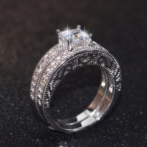 Victoria Brand New Vintage Fashion Jewelry 10KT White Gold Filled Princess Cut 5A Cubic Zirconia CZ Office Women Bridal Ring Set