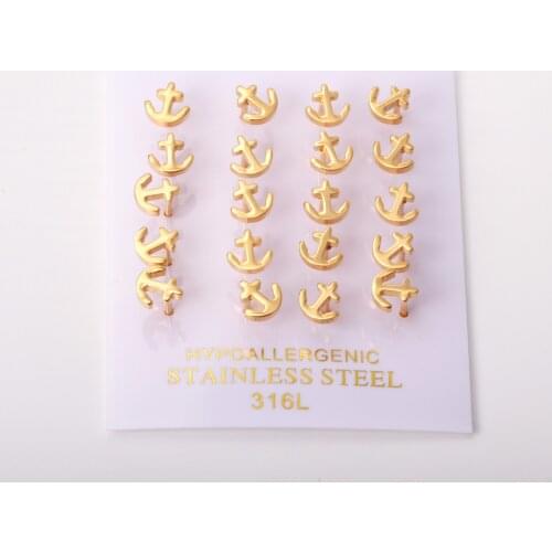 10 Pairs Small Earrings Anchor Pattern 316L Stainless Steel Gold Color Tiny Ear Stud for Women Fashion Gift Jewelry