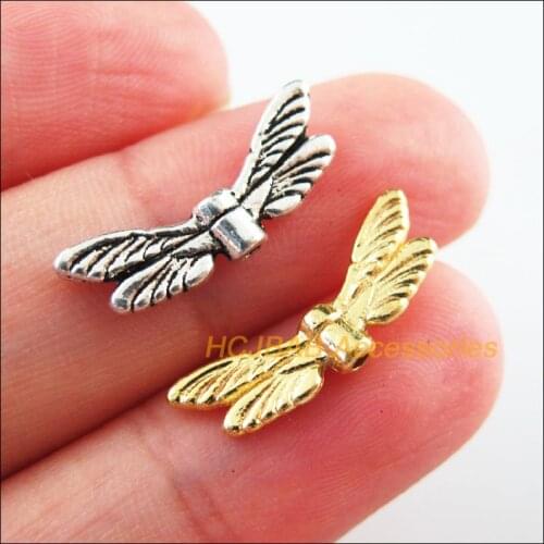 35Pcs Retro Tibetan Silver Tone Gold Color Dragonfly Wings Spacer Beads Charms 7x20mm