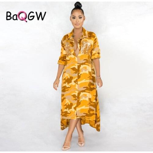 BaQGW Autumn Women Long Sleeve Camouflage Sequins Patchwork Pocket Maxi Dress Vintage Long Blouses Shirts Long Dresses Vestidos