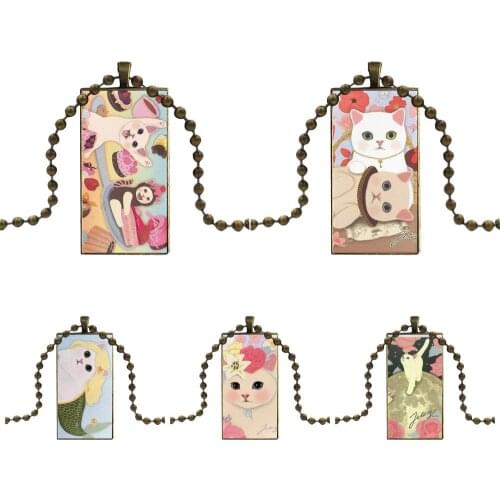 For Christmas Gift Design Fashion Vintage Glass Women Rectangle Necklace Pendants Jetoy Cat
