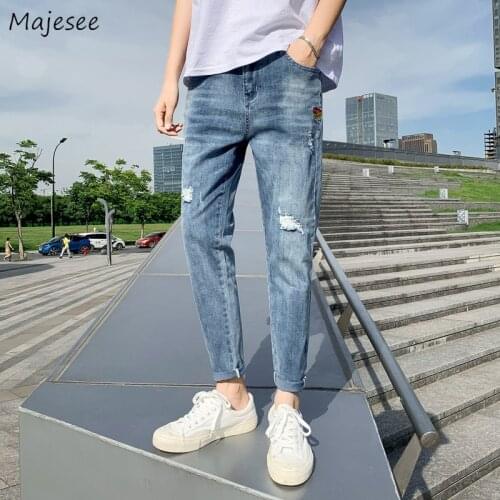Summer Hole Ankle-length Pencil Jeans Men Trendy Denim Punk Loose Vintage Trendy Cozy Cowboy Trousers Harajuku Retro Students
