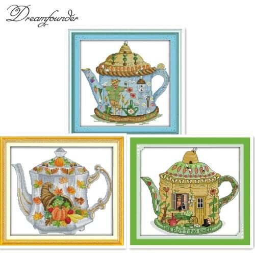 The scarecrow teapot cross stitch kit cartoon aida 18ct 14ct 11ct cloth counted printed canvas set stitches embroidery handmade