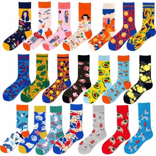 Women Happy Creative Cotton Harajuku Kawaii Socks Painting Fruit Avocado Shell Starfish Octopus Dog Funny Cute Skateboard Socks