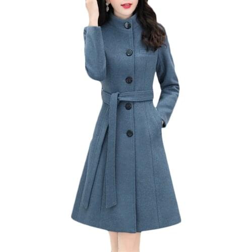 New Autumn Winter Woolen coat Women long Korean Thicken Warm Wool coat Jacket Blue Womens Single-breasted Casual Overcoat F992