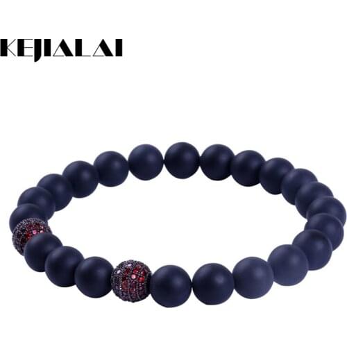 2016 New Design Men Bracelet 8mm Matte Black Natural StoneBeads Black Gun Plated Ball Micro Pave Red Zircon Jewelry for Women