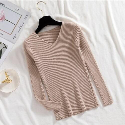 Autumn Women Long Sleeve V-Neck Knitted Basic Bottoming Sweater Shirt Lady Elastic Slim Striped Ribbed Pullover Chic Blouse Tops