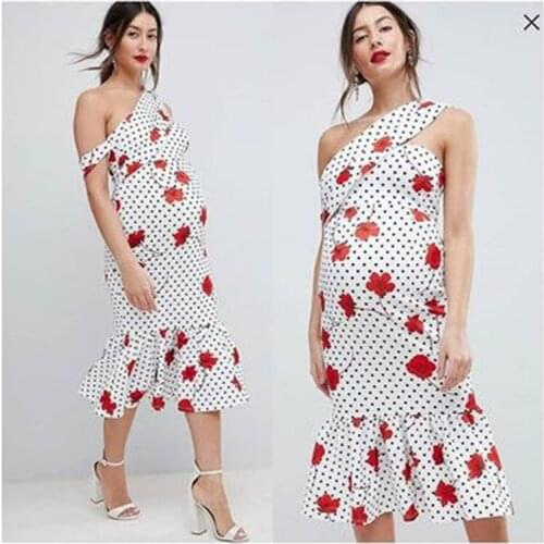Maternity dress Flower Printed Maternity Photography Props Maternity Slanted Shoulder Dress Shoulderless Summer Pregnant Dress