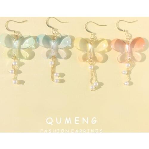 2020 Korean fashion exquisite Acrylic Cute butterfly wings Pearl Drop earrings pendant Gradient transparent Girls Party jewelry