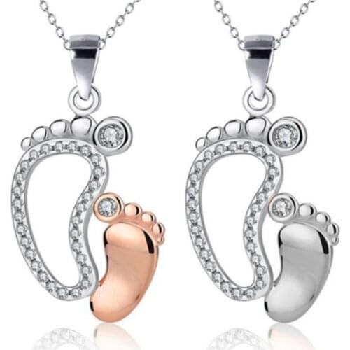 Cute Silver Color Footprint Zircon Necklace Pendant Rose Gold Mothers Day Gifts Jewelry Mom Necklace Accessories