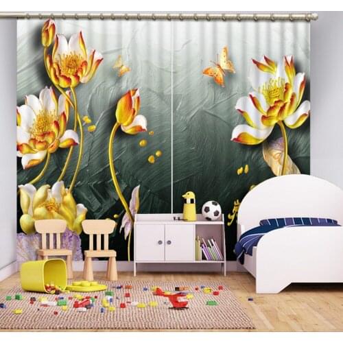 Modern living room curtains black curtains Gray golden lotus pattern decoration fashion home decor