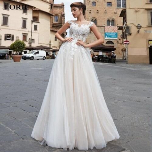 LORIE Light Champagne Princess Wedding Dress 2020 O-Neck Appliqued Lace Boho Wedding Gown SLeeveless Bride Dresses Custom Made