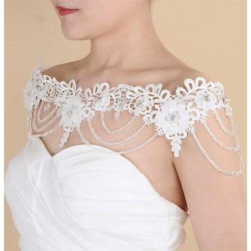 Wedding Bridal Jewelry Off Shoulder Chain Necklace Embroidery Lace Flower Bib Collar Crystal Beading Shawl Harness