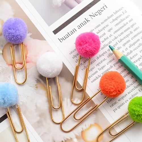 10Pcs Colored Hair Ball Paper Clip Metal Bookmark Home Cartoon Cute Bookmark Memo Clip Stationery School Office Supply