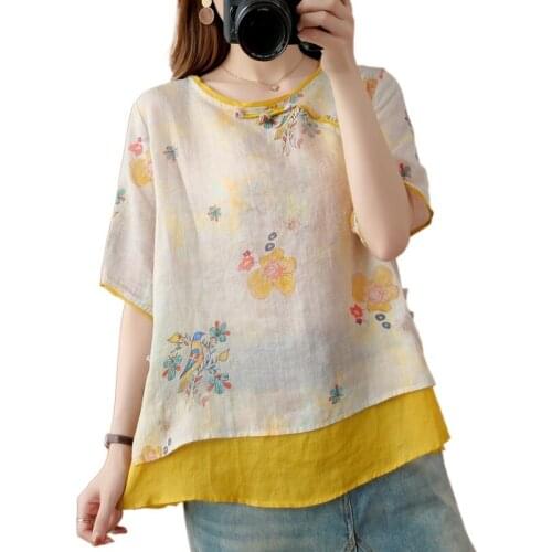 Women Blouse Pure Cotton Shirt St Collar Top Embroidered Loose Large Size Short Sleeve Linen-like Blusas Ropa De Mujer V2107
