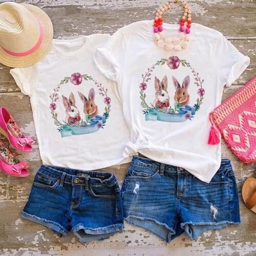 Rabbit In The Basket T-shirt Women Summer Clothes For Girls Clothing Sets T Shirt Casual Mother Daughter Matching T Shirt
