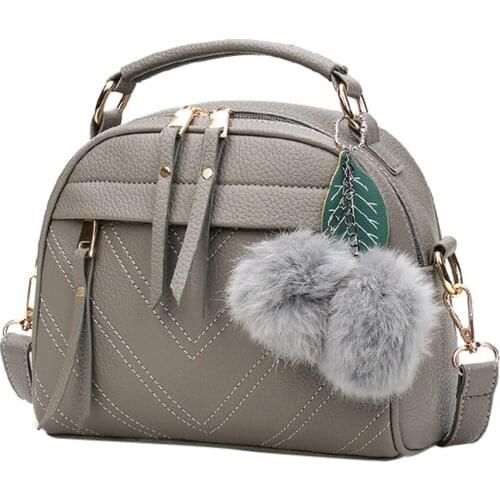 Women PU Leather Handbag New Girl Messenger Bags with Fair Ball Tassel Hotesal Fashion Female Shoulder Bag Ladies Party Handbags