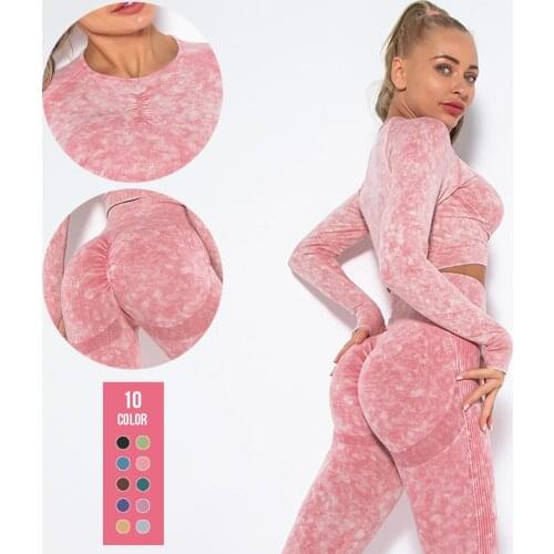 2PCS Seamless Women Yoga Set Workout Sportswear Gym Clothing Fitness Long Sleeve Crop Top High Waist Leggings Sports Suits