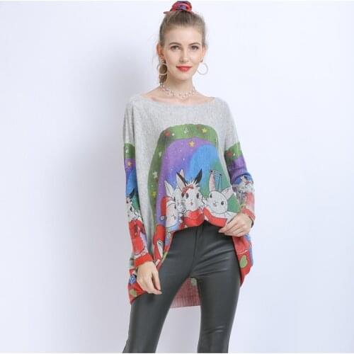 Autumn Oversized Women Sweater Warm Long Pullover Dresses Rabbits Print Batwing Sleeve Jumper Casual Knitted Sweaters Pull Femme