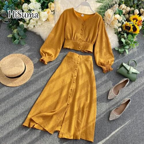 2020 autumn new womens V collar lantern sleeve single breasted short shirt + high waist skirt two piece sets female suits