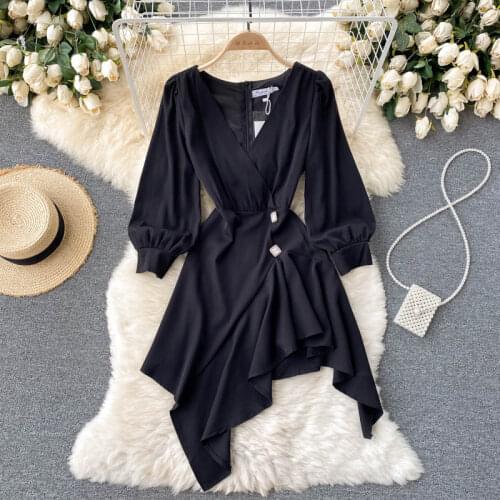 SINGREINY Women Design Irregular Dress Korean Fashion Long Sleeve V Neck A-line Dresses 2021 Autumn Chic Streetwear Short Dress