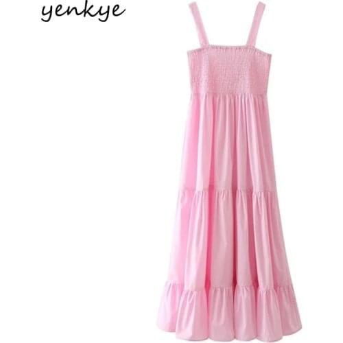 YENKYE Sexy Sling Pink Sweet Dress Women Sleeveless Square Neck Poplin Elegant Party Long Dresses Summer Vestido