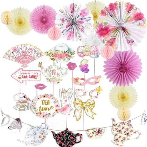 14pcs Tea Party Decorations Floral Printable Tea Pot Tea Cup Banner Photo Booth Props Garden Party Birthday Wedding Shower