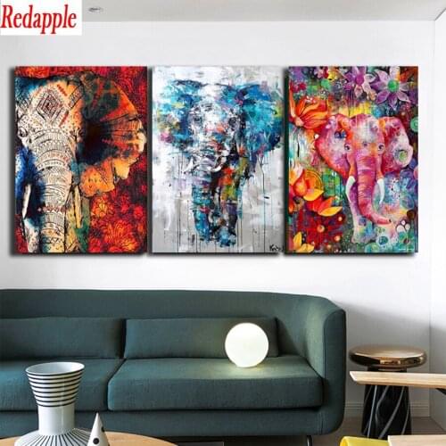 5d Diamond Painting Full Square round "Abstract Animals elephant" Triptych Embroidery Cross Stitch Mosaic Home Decor 3pcs/set
