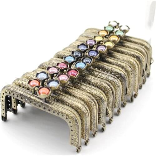 8.5cm Lotus Head Beads Bronze Flat Edges Square Metal Purse Frame Handle for Clutch Bag Handbag Accessories Making Kiss Clasp