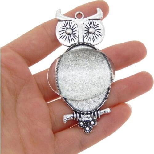 GraceAngie 1set Owl Animal Retro Alloy Base Setting Tray Blank Pendant + Glass Cameo Charms For Necklace DIY Jewelry Accessory