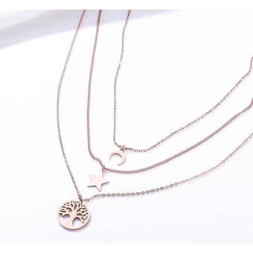 Elegant 3 Layer Bohemian Pendant Necklaces for Women Rose Gold Stainless Steel Star and Moon Tree Of Life Jewelry Accessories
