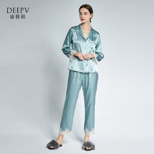 19 MM Silk Two-piece Suit Spring Autumn Lace Long-sleeved Trousers Sleepwear Women 100% Silk Pajamas