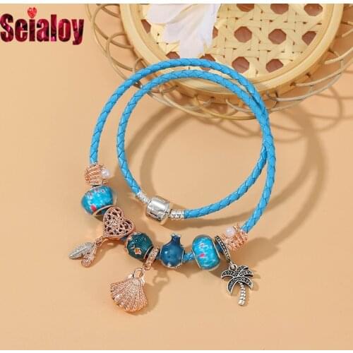 Seialoy Summer Womens Cyan Leather Bracelets Rose Gold Shell Pearl Pendant Ocean Narwhal Beads Dream Charm Weave Bracelet Gift