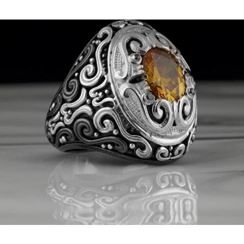 Silver 925 Jewelry Mens Ring Black White Plated Natural Citrine Stone Yellow Color Jewelry Fashion Vintage Gift Mens Accessory