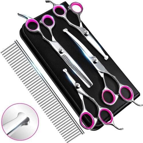 1 Set Stainless Steel Dog Grooming Scissors Kit with Safety Round Tip Thinning Straight Curved Shears Comb For Pet Wholesale X2