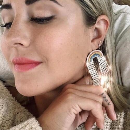 Multicolors Rhinestone Gems Rainbow Shaped Women Dangle Earrings Jewelry Fashion Show Girls' Statement Earrings Accessories