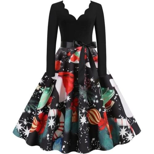 Christmas Costumes Retro Hepburn Style Print Stitching Long-sleeved Burnt Flower Big Dress Female Autumn