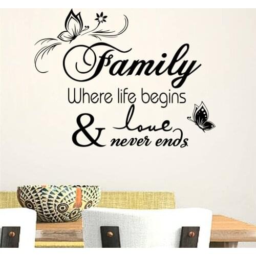 Family where life begins and love never ends quotes wall decals for living room home decor art removable stickers vinyl black