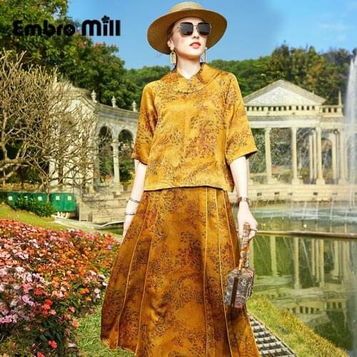 Spring New Luxurious Silk Printing 2-Piece Set Womens Vintage Style O-Neck Top + Elegant Skirt Lady Set S-XL