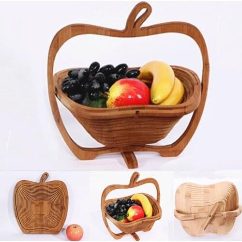 Foldable Fruit Storage Bamboo Basket Racks Wooden Fruits Storage Basket Expandable Collapsible Kitchen Snacks Organizer Basket