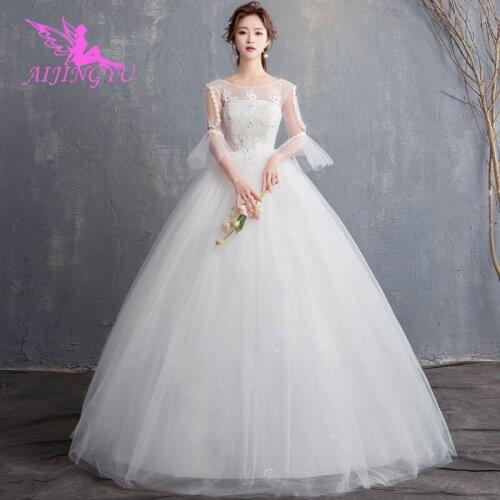 AIJINGYU Pearl Wedding Dress Ladies Gown Plain With Butterfly Muslim Married Weding 2021 Marriage Wear Gowns