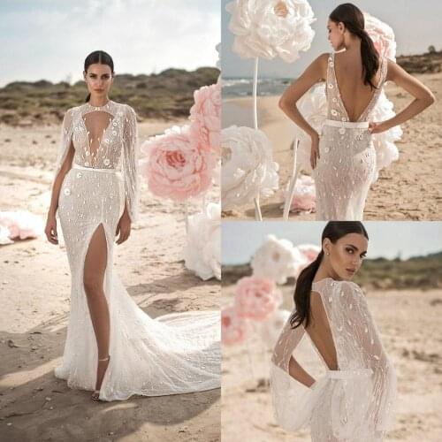 Mermaid Wedding Dresses With Wrap Lace 3D Floral Applique Beads Beach Wedding Dress vestito da sposa Side Split Boho Bridal Gown