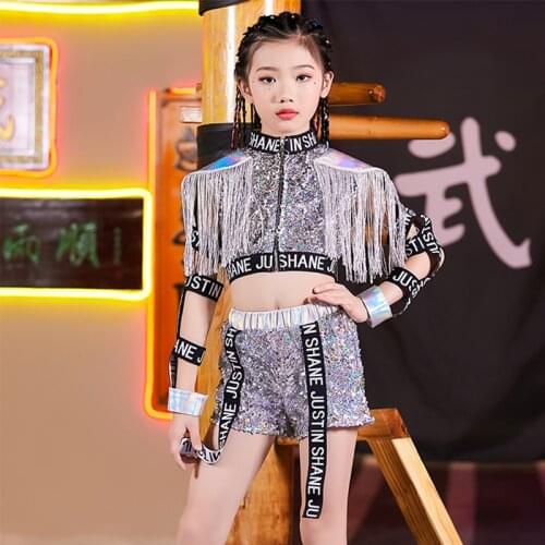 Hip Hop Dance Costumes ChildrenS Jazz Silver Sequin Tassel Fashion Clothes Stage Performance Outfit Girls Modern Wear DNV13425