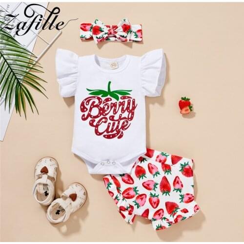 ZAFILLE Baby Girl Clothes Set For Newborns Big Strawberry Print Baby Romper Shorts Headband Outfits Summer Girl Clothes Babies