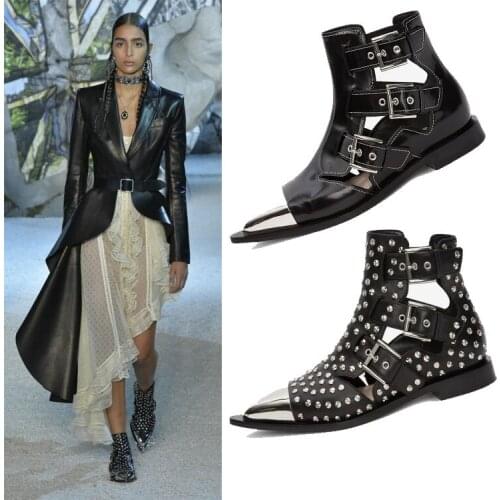 Moraima Snc Newest Black Leather Pointed Toe Rivets Studded Short Boots Sexy Cutouts Flat Riding Boots Woman Buckle Strap Shoes