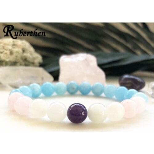Ruberthen Blue Chalcedony Bracelet Moonstone Purple Crystal Bracelet Women`s Rose Quart z Crown Chakra Bracelet