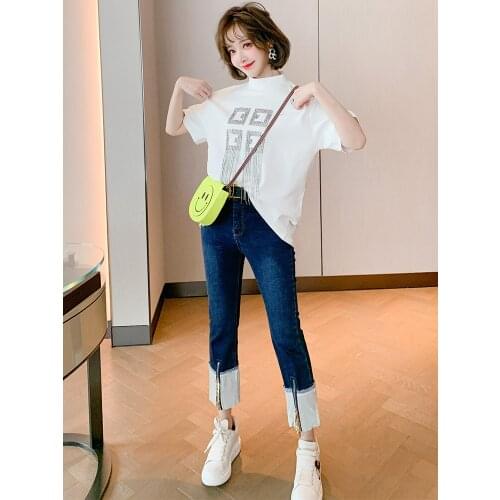 Sequin fringe pattern T Compassionate+Contrast stitching zipper jeans suit for women 2021 Spring new High Quality Top Quality