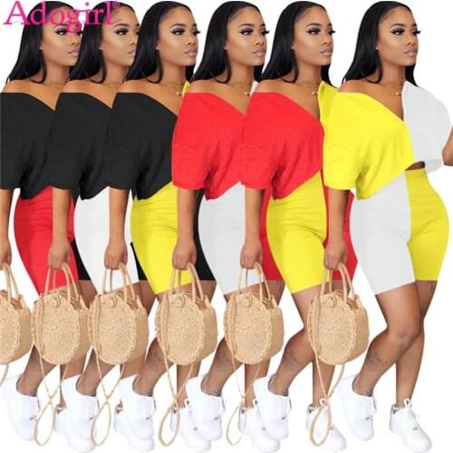 Adogirl Color Patchwork Women Set Sexy V Neck Off Shoulder Short Sleeve T Shirt Crop Top Shorts Summer Tracksuit Home Clothes