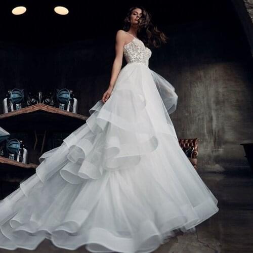 2020 New Spaghetti Strips A-Line Lace Top Beaded Wedding Dresses Tiered Tulle Bridal Gowns Pleated Vestidos De Novia Spring